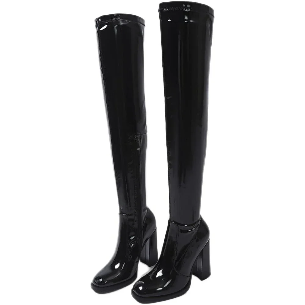 🆕Women's Black Thigh High Over The Knee Leather Heels Long Sexy Round Toe Boots